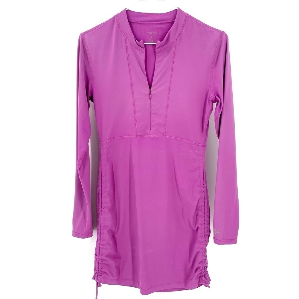 ATHLETA Purple Zip Ruched Tie Tidal Guard UPF Beach Athletic Long sleeve Dress
